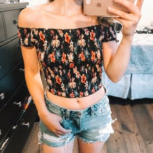 Black Floral Off-The-Shoulder Crop Top